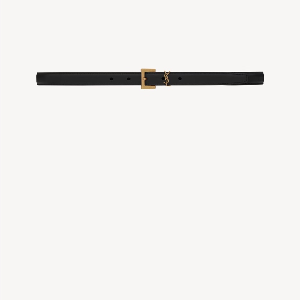 Saint Laurent Black Leather Belt with Gold-Tone Rectangular Buckle